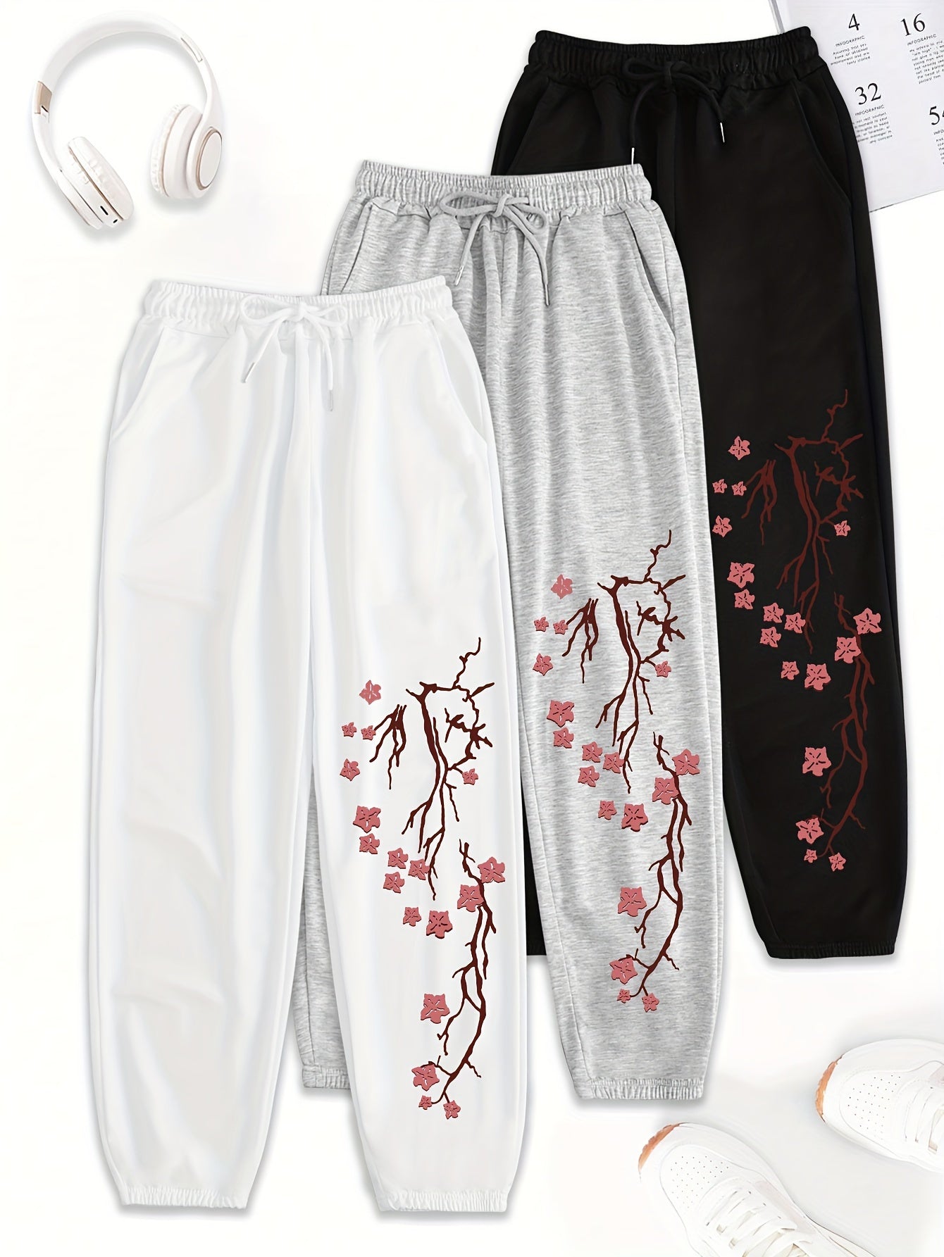3pcs Women'S Casual Joggers with Elastic Waistband - Loose Fit, Drawstring Pants, White & Gray with Red Floral Print, All-Season Comfort, Jogging Pants