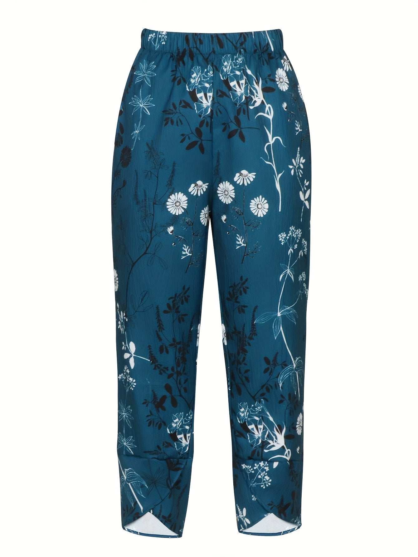 Women'S Navy Blue Floral Print Cropped Pants with Elastic Waistband and Side Pockets - Casual, Comfortable, and Stylish for Vacation or Casual Attire, Vacation Pants | Relaxed Fit Trousers | Polyester Fabric