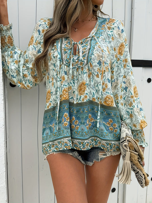 ZAFUL Seasonal Fresh Women's Clothing, Long Version Top with Blue-green Floral Pattern, V-neck Design Showcases Femininity, Lightweight And Breathable Natural Style, Long Sleeves for, Suitable for Vacation And Daily Casual We
