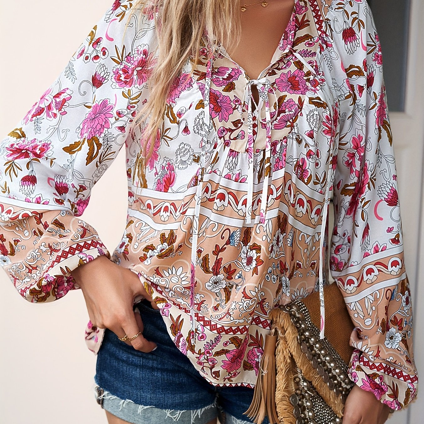 Boho Chic Floral V-Neck Blouse with Tie Detail - Long Sleeve, Casual Resort Wear for Women, Temperament, Fringed Shirt, Leisure Style, ALL/Global/All