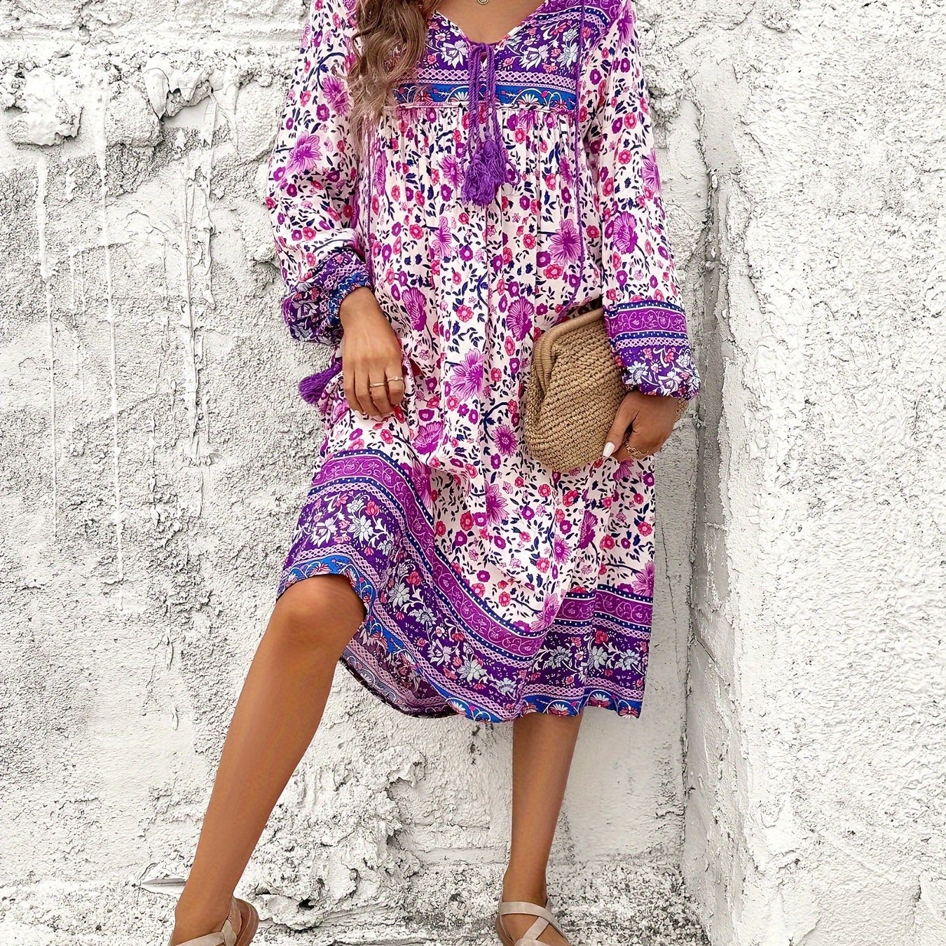 ZAFUL Women's Casual Loose Bohemian Tassel Print Long Sleeve Dress