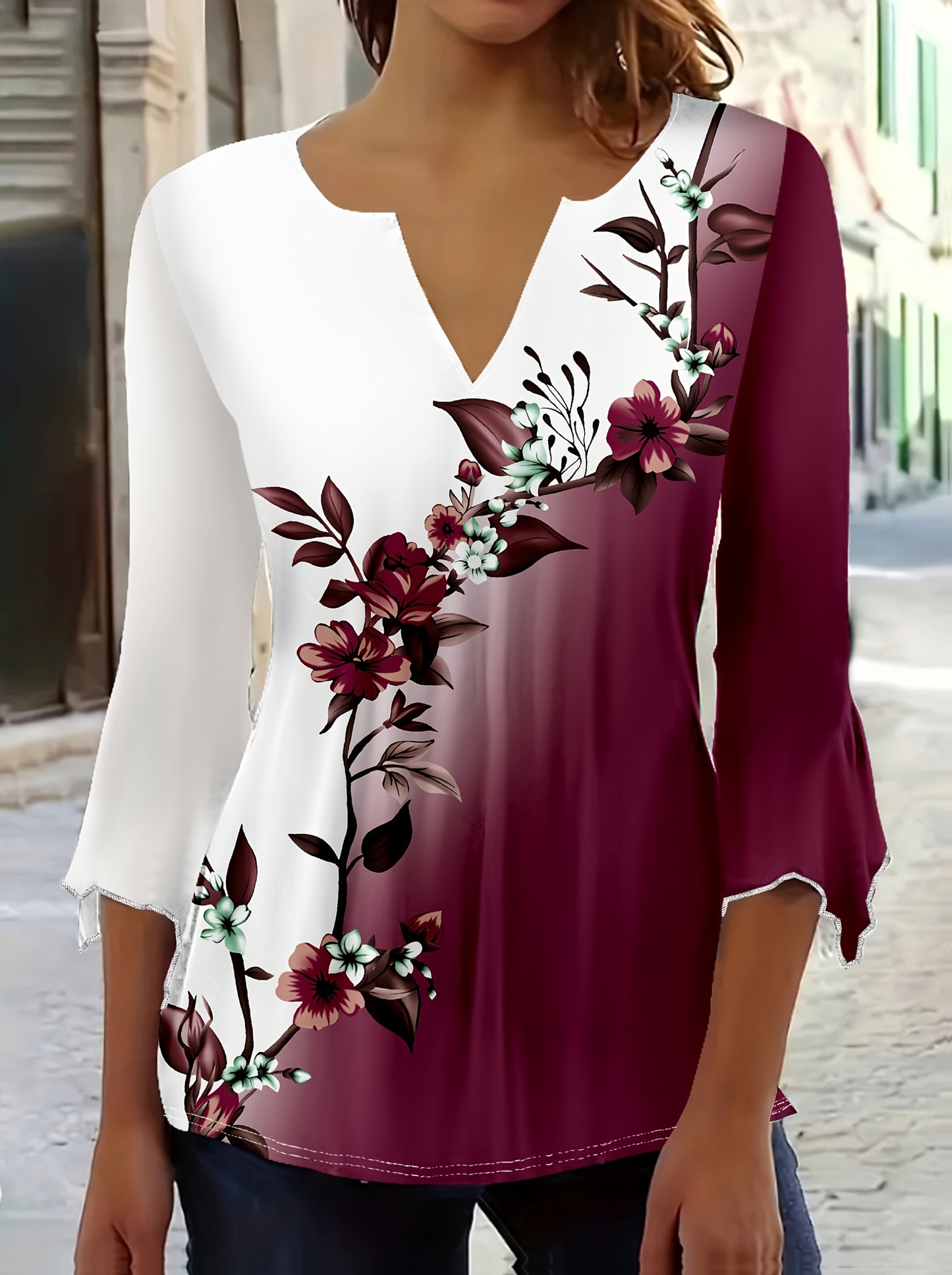 Elegant V-Neck Blouse with Floral Print - White to Maroon Gradient, Long Sleeves, Ruffled Hem, Women'S Fashion Top for Casual or Formal Wear, Versatile Clothing | Vneck Blouse | Ruffled Hem Top
