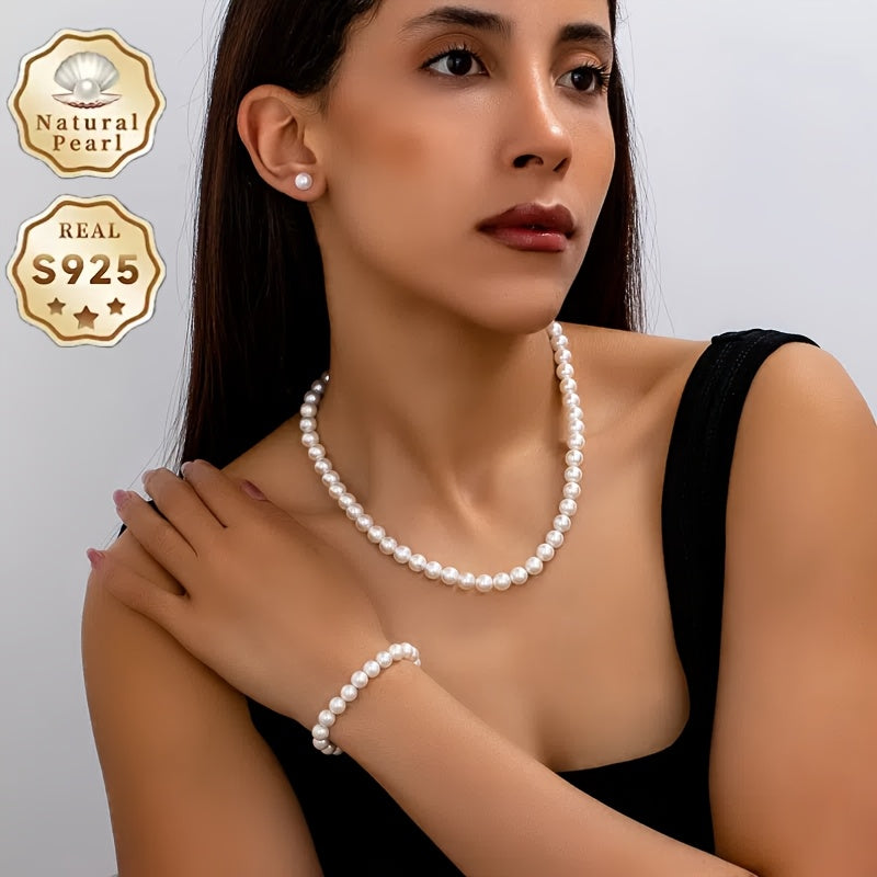 925 Sterling Silvery Freshwater Cultured Pearl Necklace Set with Stunning Bracelet and Stud Jewelry Set - Gift Giving, Banquet, Party, Fall/Winter Sweater Accessories