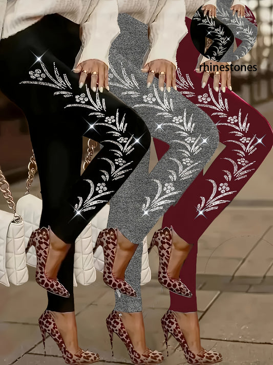[Rhinestone Leggings] High-Waisted Plus Size Women's Leggings | Stretchy Rhinestone Floral Pattern, Machine-Washable, All-Season, Casual & Formal Wear, Elegant Style, Snug Fit