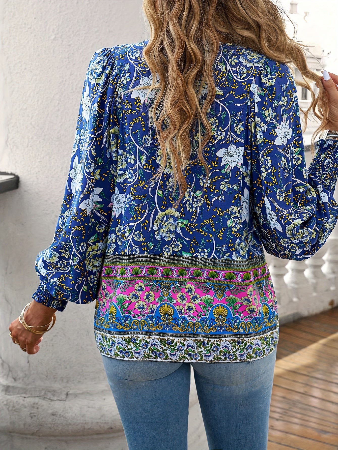 Plus Size - ZAFUL Summer Loose Plus Size Women'S Apparel, Stylish Resort Bohemian Floral Print Top Set, Lightweight Fashion V-Neck Printed Lantern Sleeve Tassel Plus Size Shirt*2