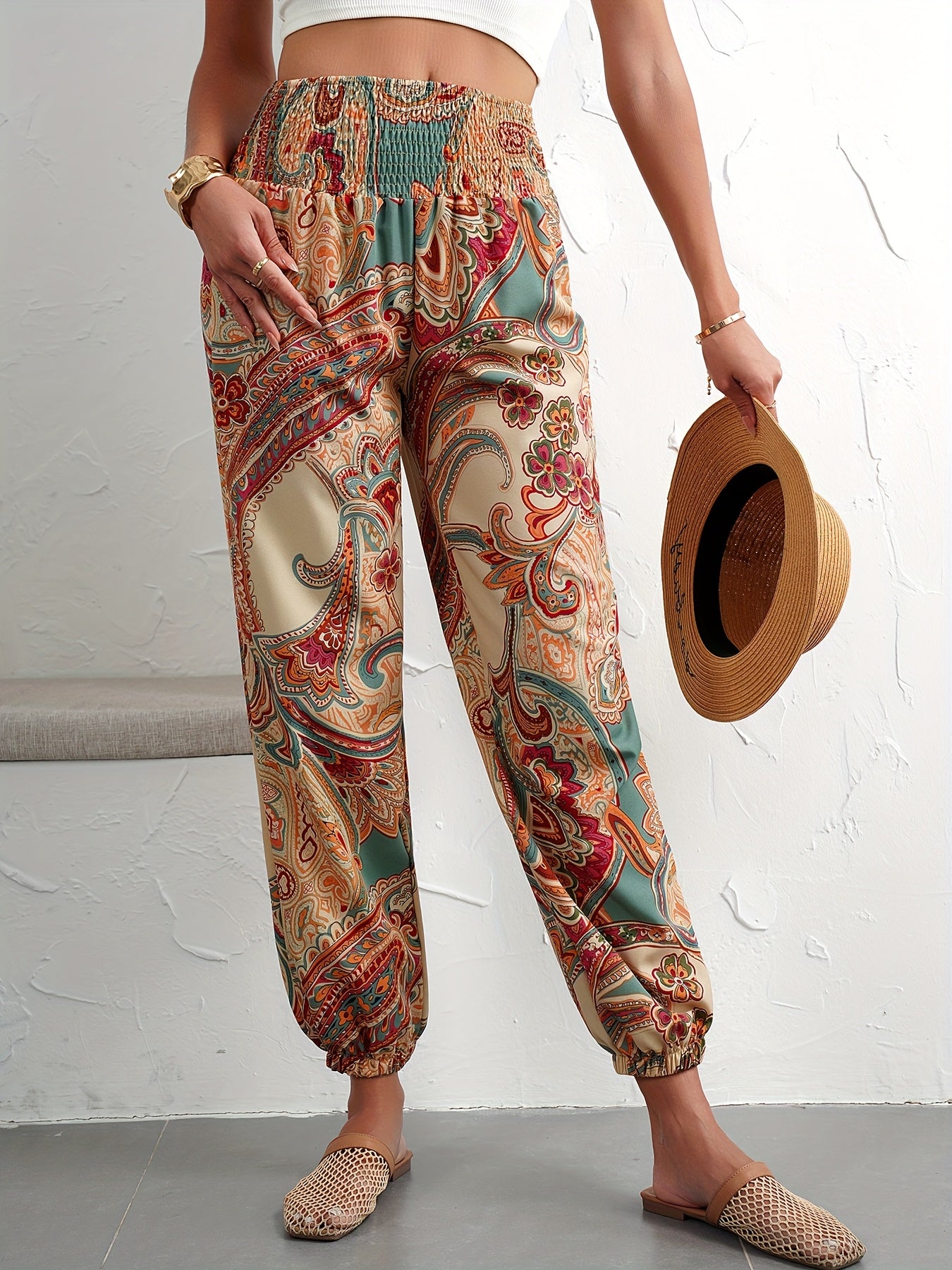 [Vibrant Print] Women's Elegant Paisley Print Harem Pants | High-Waisted, Loose Fit | Polyester Blend | Machine Washable | Casual Wear | All-Season | Elegant