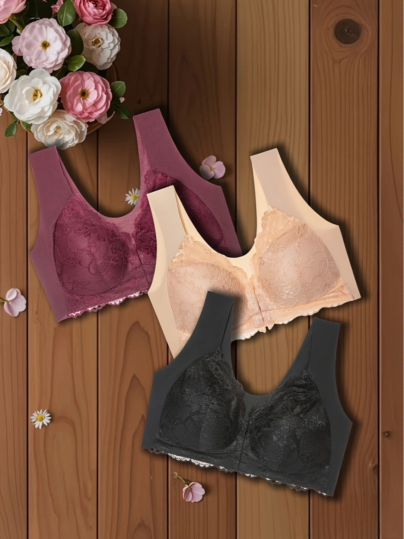 3pcs Women'S Push-Up Bra Set with Front Clasp, Comfortable and Breathable, Back Design, Lace Vest Style with Fixed Cup, Non-Removable Pads, High Support, Wireless Compression Bra, Adult Bra, Sexy Bra, Everyday Bra