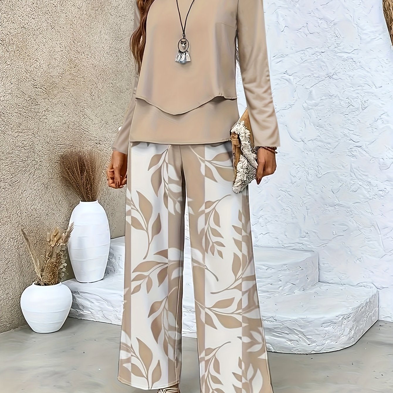 New Development: Plant Striped Printed Square Collar Double-layer Design, Long Sleeved Top, Straight Leg Pants Two-piece Set, Casual And Comfortable Long Sleeved Suit