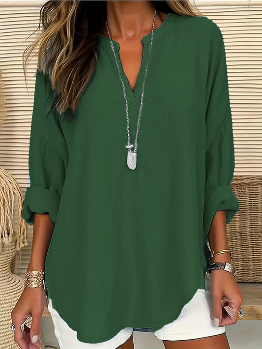 Spring And Summer V-neck Long Sleeved T-shirt Casual Loose Long Top