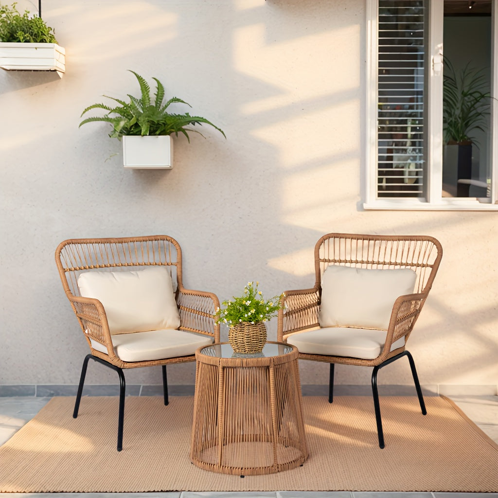3pcs Outdoor Wicker Bistro Furniture Set, Comfortable Outside Rattan Patio Chairs And Balcony Table for Front Porch Deck Backyard And Garden