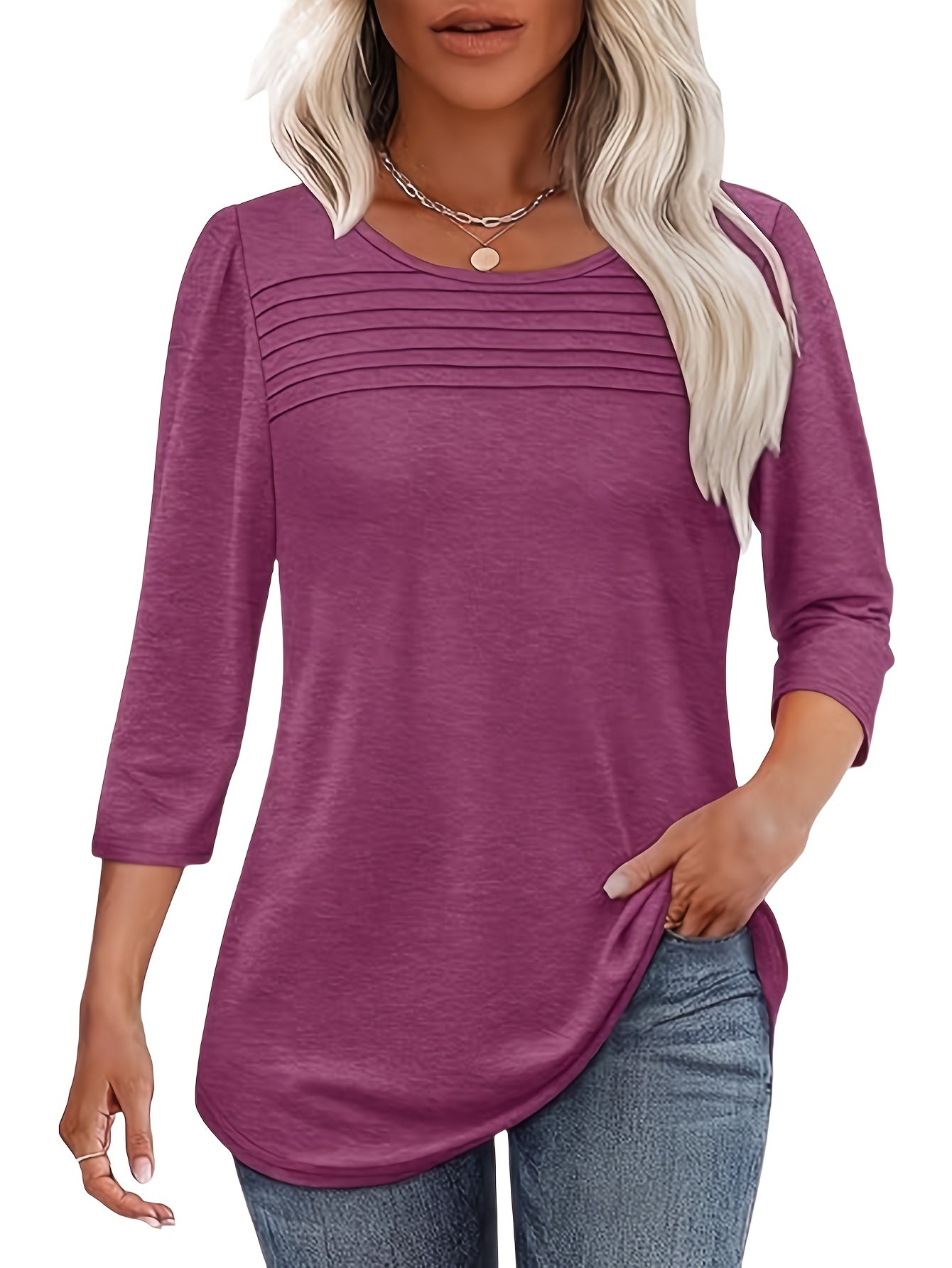 Three-Piece Set 2025 Women's 3/4 Sleeve Shirt Elegant Casual Spring Summer Pleated Front Curved Hem T-Shirt