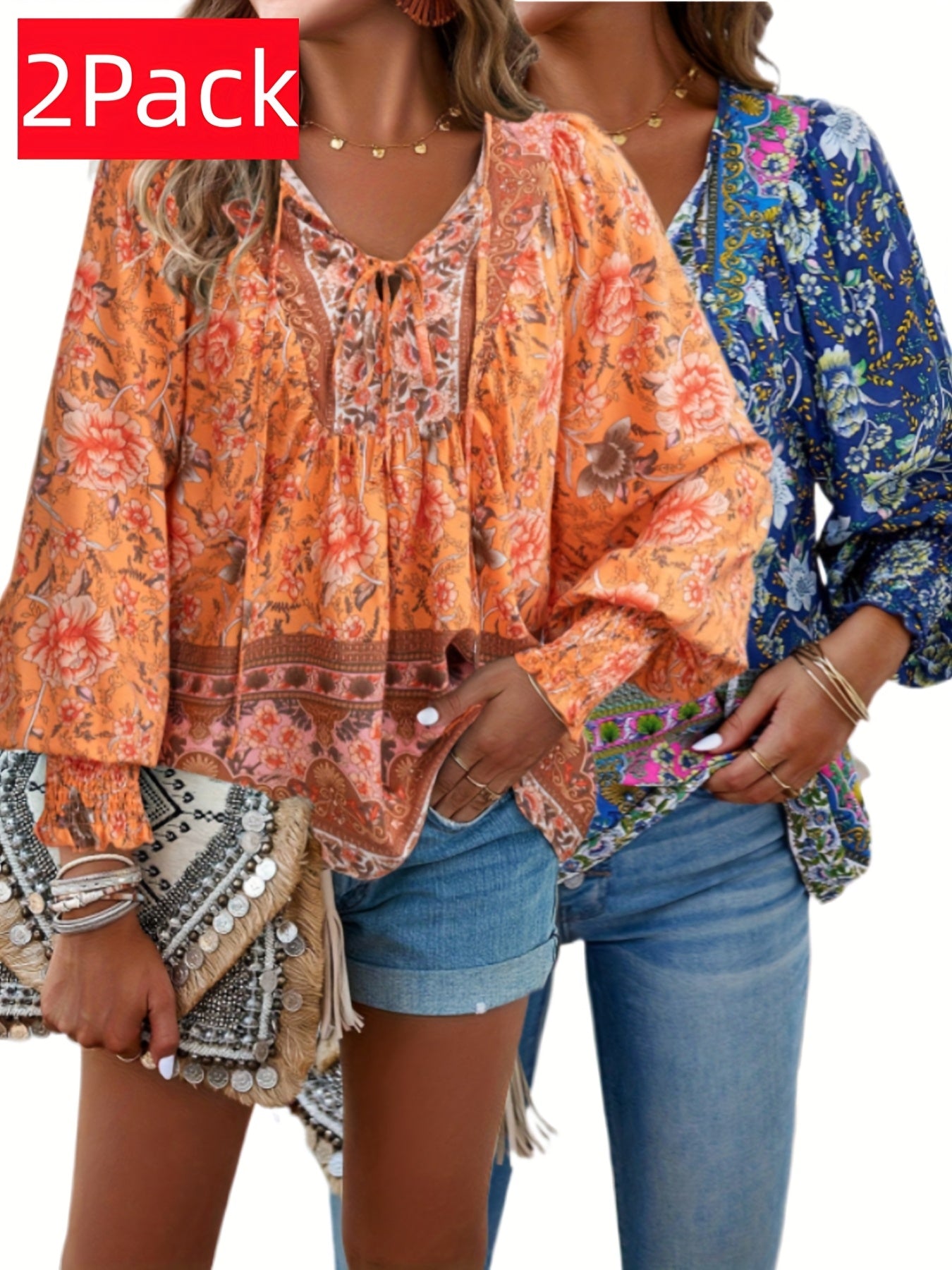 Plus Size - ZAFUL Summer Loose Plus Size Women'S Apparel, Stylish Resort Bohemian Floral Print Top Set, Lightweight Fashion V-Neck Printed Lantern Sleeve Tassel Plus Size Shirt*2