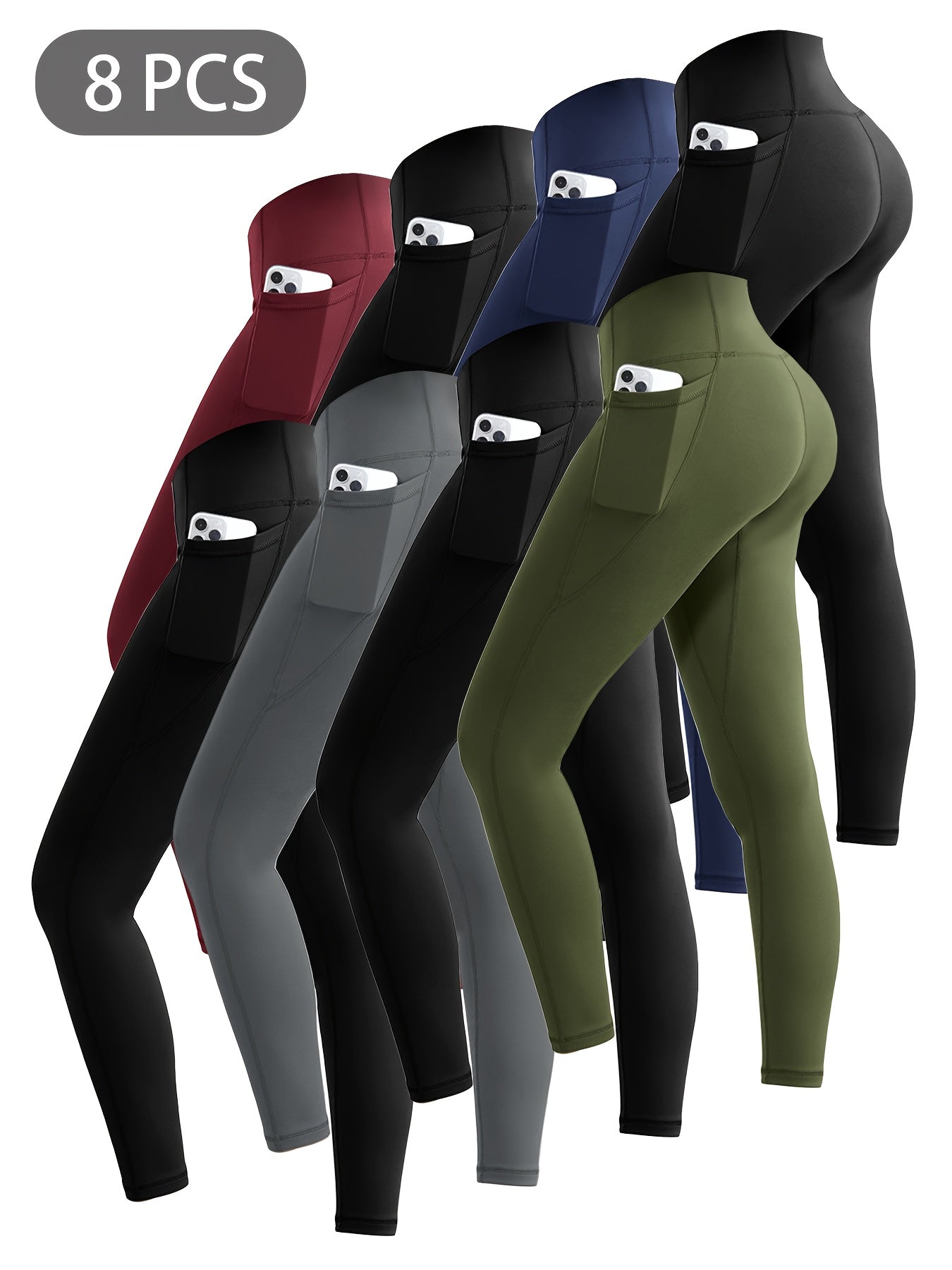 8pcs Set Women's High Waisted Yoga Leggings - Full-Length & 3/4 Length Options, High-Stretch Spandex Light Beige-Friendly Workout Pants with Pockets, All-Season Gym & Casual Athletic Wear (Multi-Color Options: Black, Navy, Gr