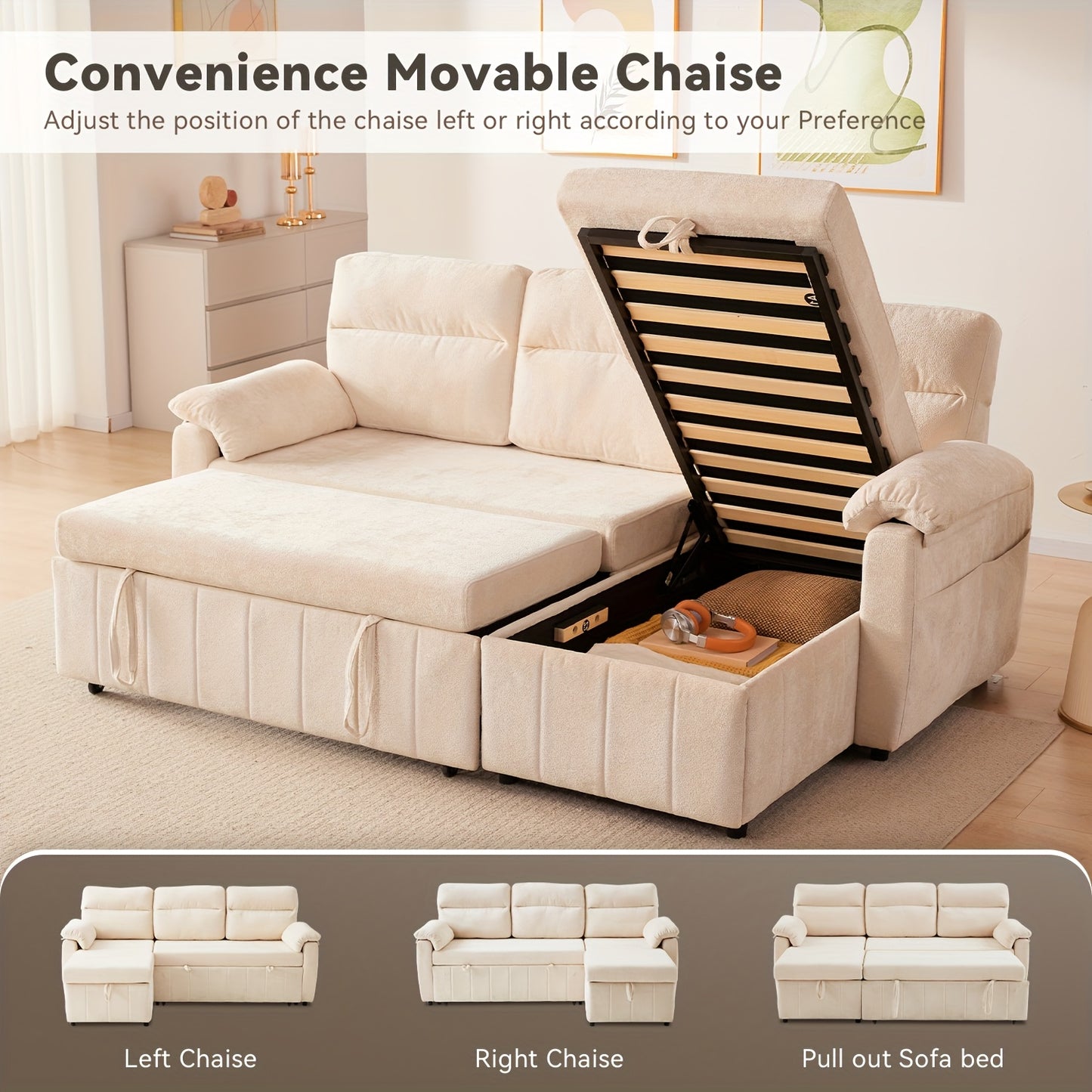 Chenille 84' Queen Sleeper Sofa Couch With Pullout Bed, Cloud Sofa Bed Couch With Chaise, Convertible Sofa Bed, Built-in Large Hidden Storage Space, Pull Out Sofa For Living Room, Small Spaces