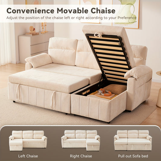 Chenille 84' Queen Sleeper Sofa Couch With Pullout Bed, Cloud Sofa Bed Couch With Chaise, Convertible Sofa Bed, Built-in Large Hidden Storage Space, Pull Out Sofa For Living Room, Small Spaces