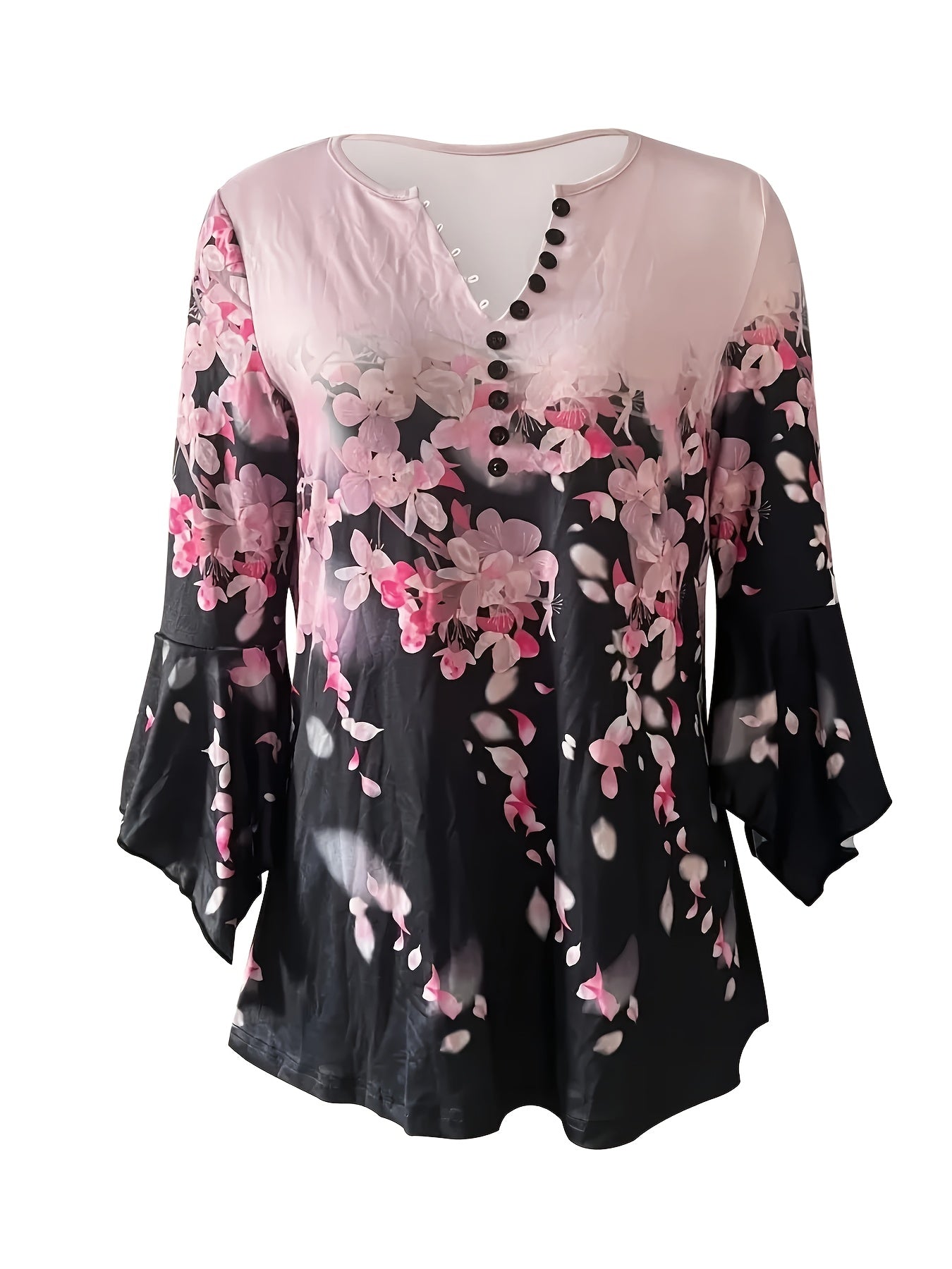 Spring And Summer New Printed Button Irregular Seven Quarter Sleeve T-shirt Casual Top