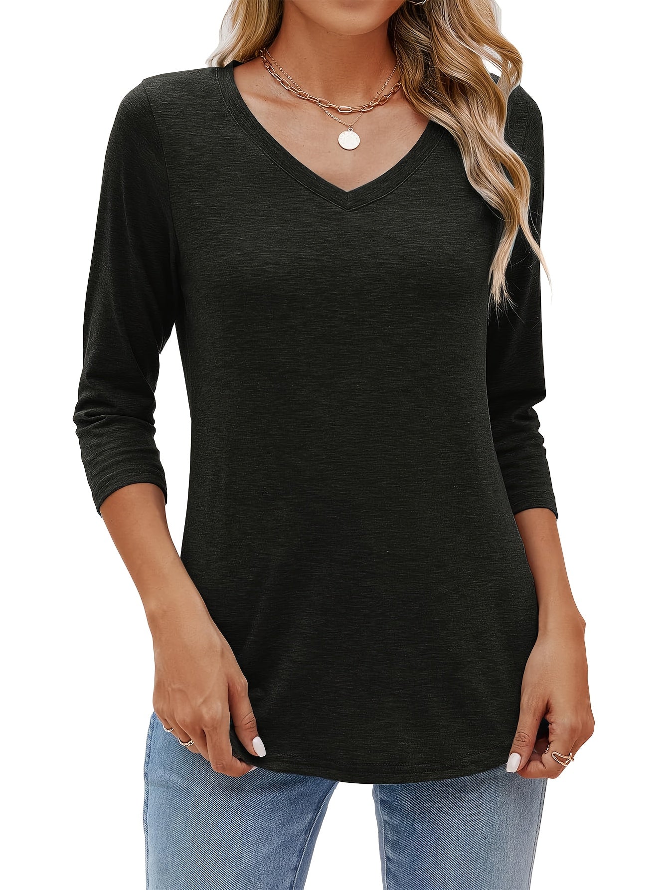 [5pcs Women's Basic T-Shirt] Five-Piece Set Women's Loose Fit V-Neck 3/4 Sleeves Solid Color Basic T-Shirt 2025 European and American Fashion