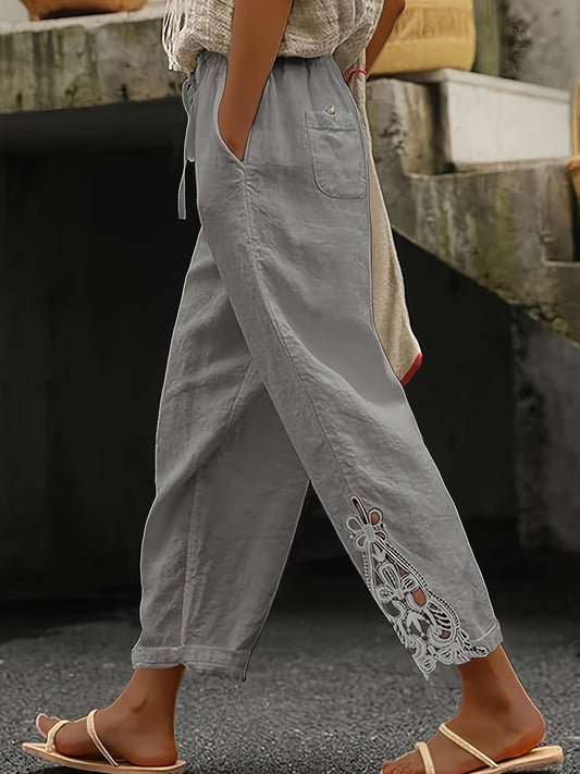 Women'S Casual Fashion Trousers - With Pockets, Waist Drawstring Design, Lace Stitching Design On The Trouser Legs, Suitable For Daily Commuting, Casual Outings, Vacation Travel, Spring, Summer And Autumn Trousers