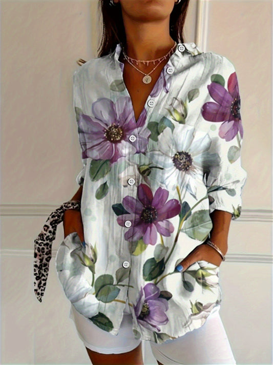 Women'S Casual V-Neck Long Sleeve Blouse with Daisy Print - Lightweight Polyester, Button-Up Shirt for Spring & Fall, Versatile for Casual Attire, Ladies Blouses