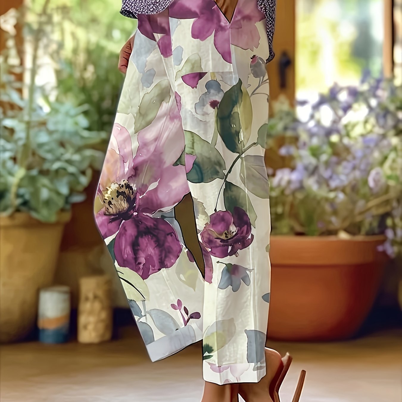 Women's Elegant Floral Print Straight-Leg Casual Pants with Pockets - Machine Washable Non-Stretch Fabric, All-Season Versatile Trousers for Casual Attire & Leisure Activities, Relaxed Activity Trousers, No Stretch Fabric