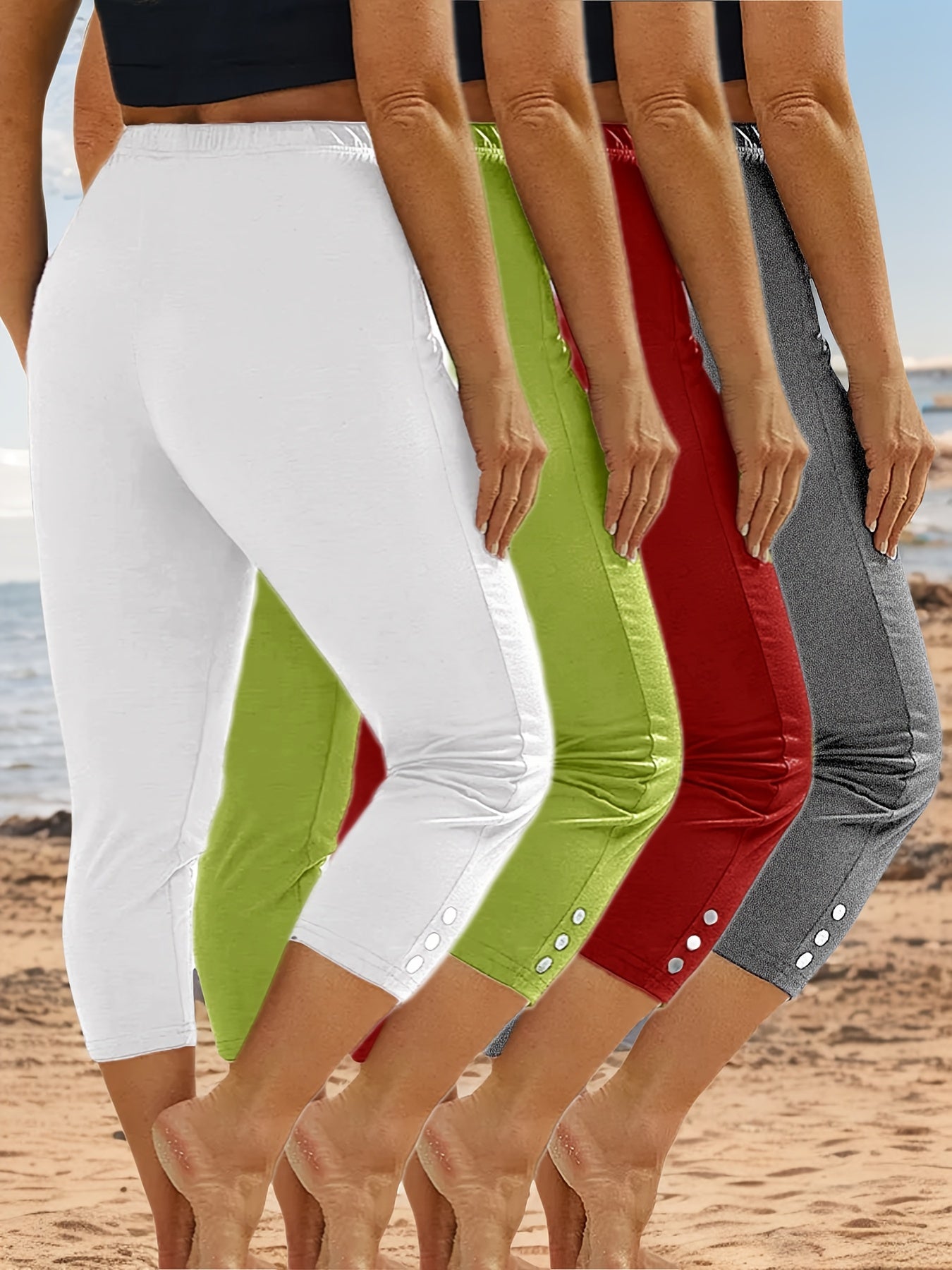 4pcs High-Waist Stretchy Sports Leggings For Women - Slim Fit, Elastic Waistband With Button Detail, Breathable Polyester & Elastane Blend, Perfect For Yoga & Casual Wear, Machine Washable