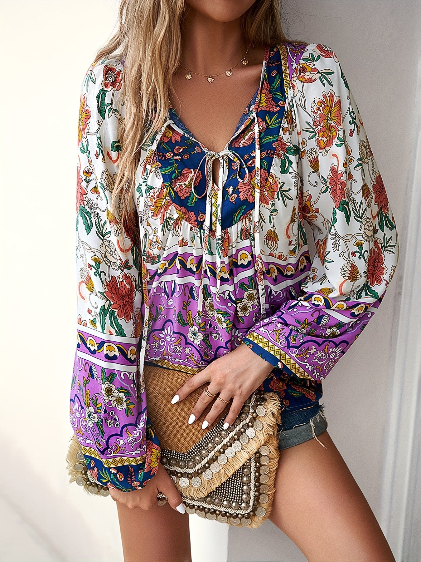 Boho Chic Floral V-Neck Blouse with Tie Detail - Long Sleeve, Casual Resort Wear for Women, Temperament, Fringed Shirt, Leisure Style, ALL/Global/All