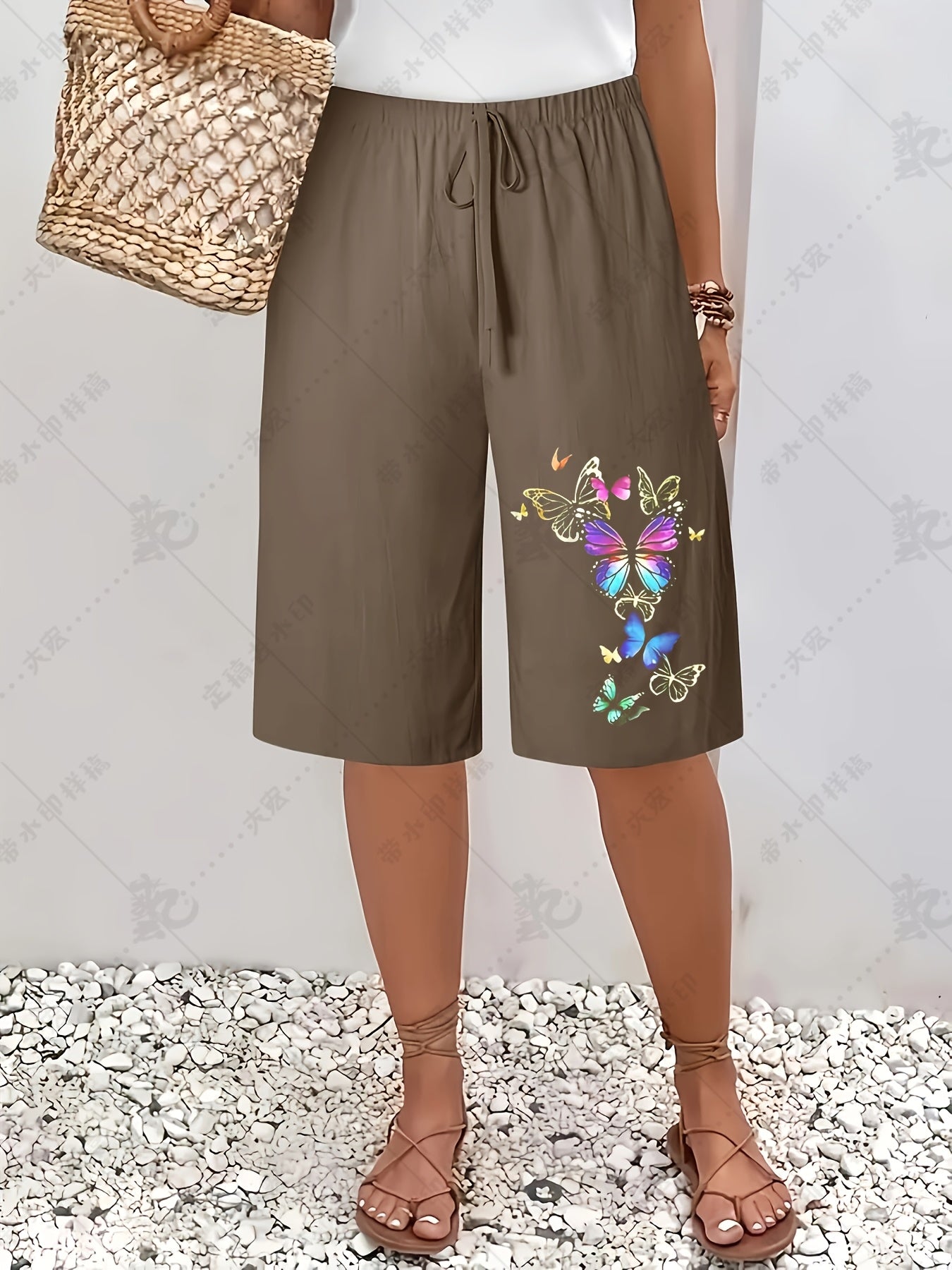 3pcs Women'S High-Waist Summer Shorts - Casual Loose Fit, Non-Stretch Fabric with Print Pattern, Fake Drawstring Detail, Ideal for Spring/Summer/Fall