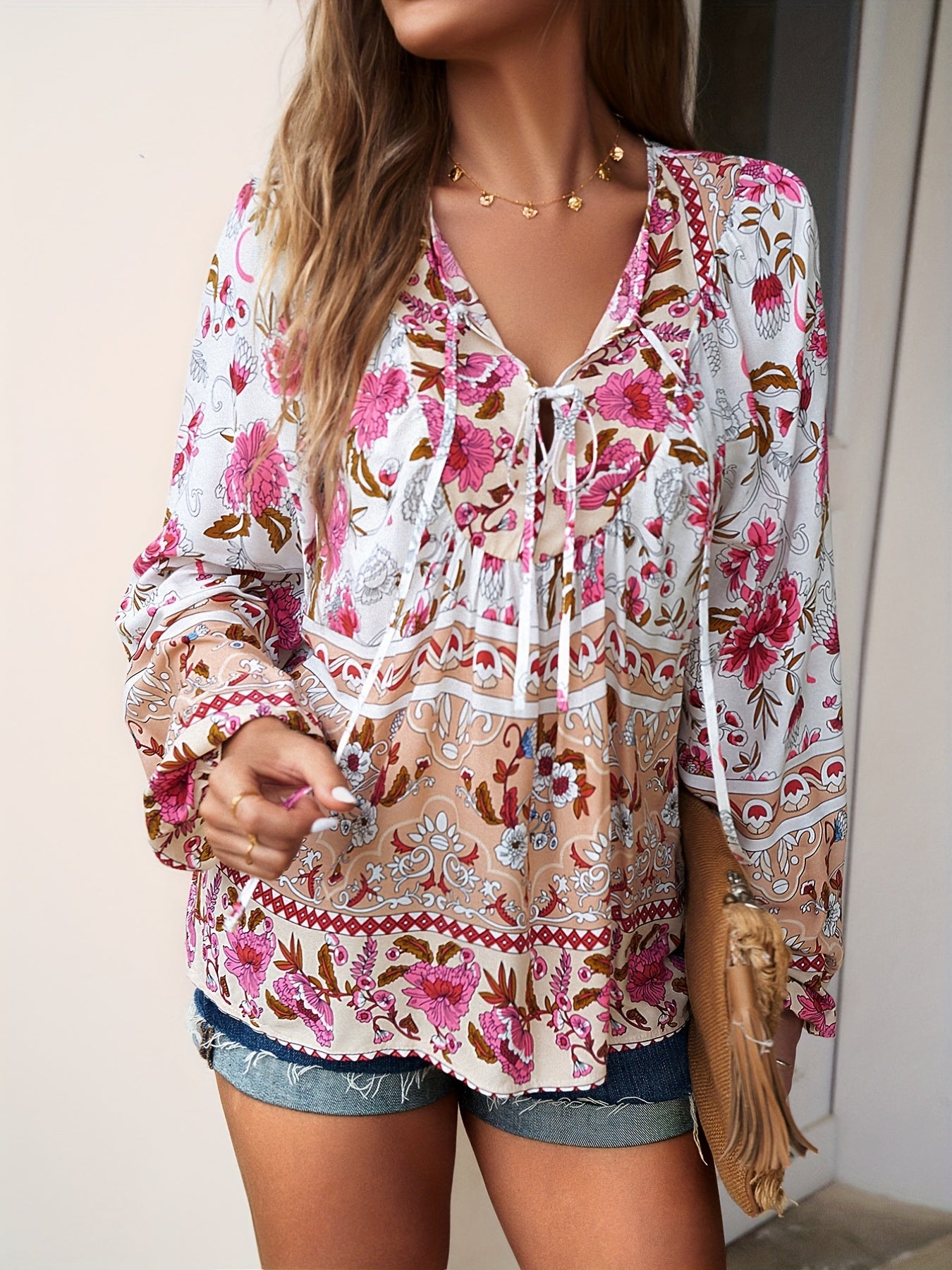 Boho Chic Floral V-Neck Blouse with Tie Detail - Long Sleeve, Casual Resort Wear for Women, Temperament, Fringed Shirt, Leisure Style, ALL/Global/All