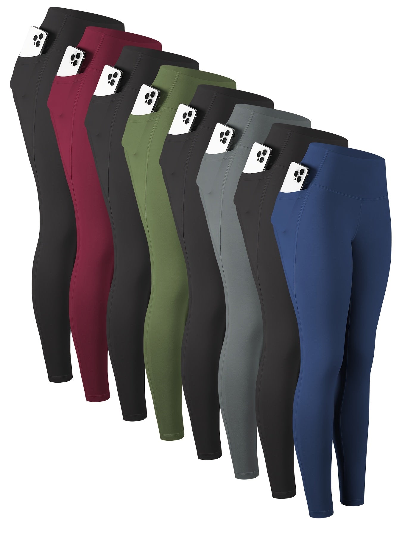 8pcs Set Women's High Waisted Yoga Leggings - Full-Length & 3/4 Length Options, High-Stretch Spandex Light Beige-Friendly Workout Pants with Pockets, All-Season Gym & Casual Athletic Wear (Multi-Color Options: Black, Navy, Gr