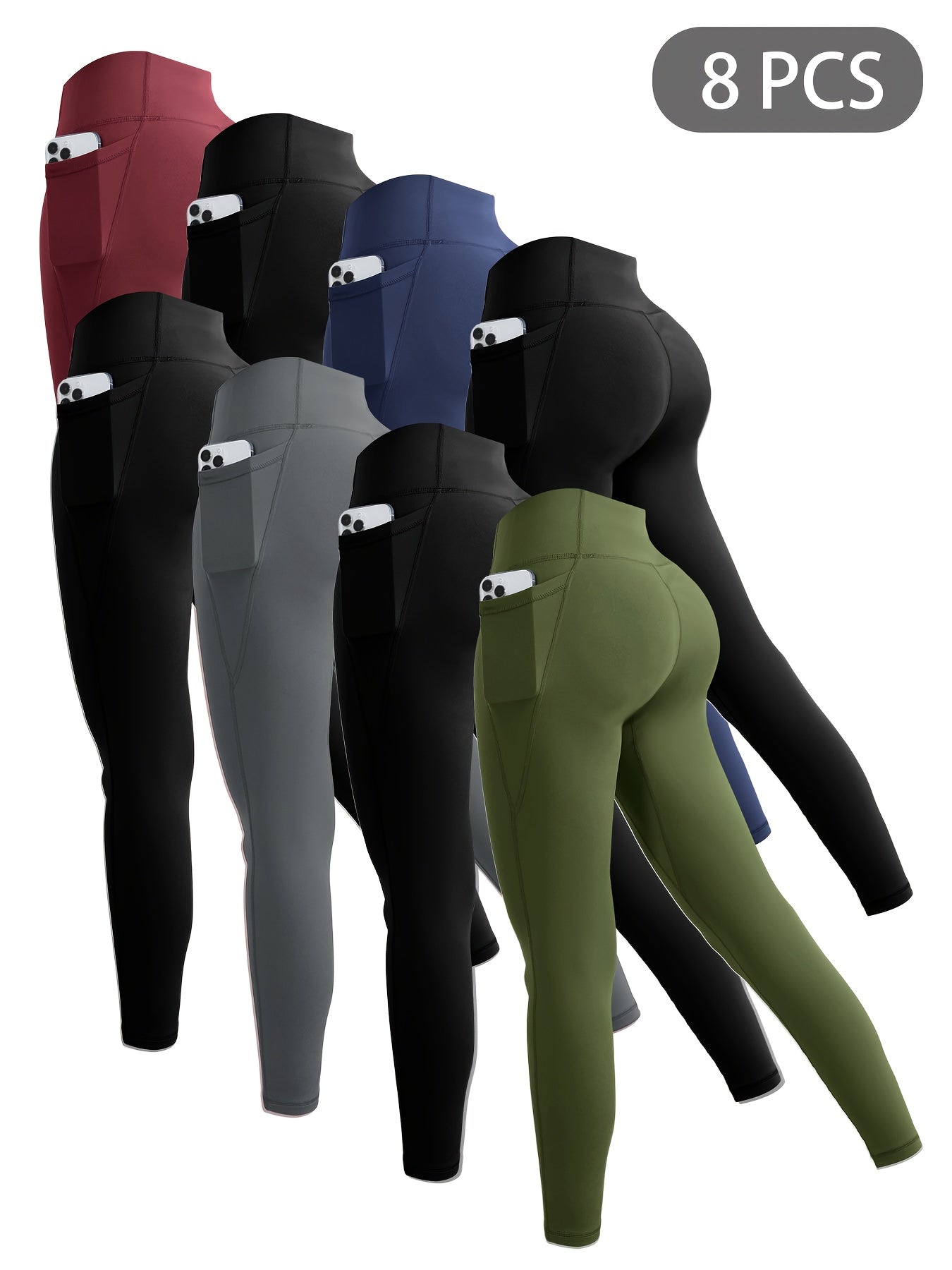8pcs Set Women's High Waisted Yoga Leggings - Full-Length & 3/4 Length Options, High-Stretch Spandex Light Beige-Friendly Workout Pants with Pockets, All-Season Gym & Casual Athletic Wear (Multi-Color Options: Black, Navy, Gr