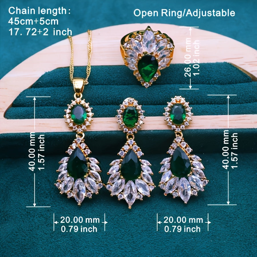 5pcs - Elegant Green Cubic Synthetic Cubic Synthetic Zirconia Jewelry Set, 18K Golden-Plated Jewellry Sets- Stud Earrings, Bracelet, Open Ring And Necklace Set, Suitable for Weddings, Party, Christmas Gift