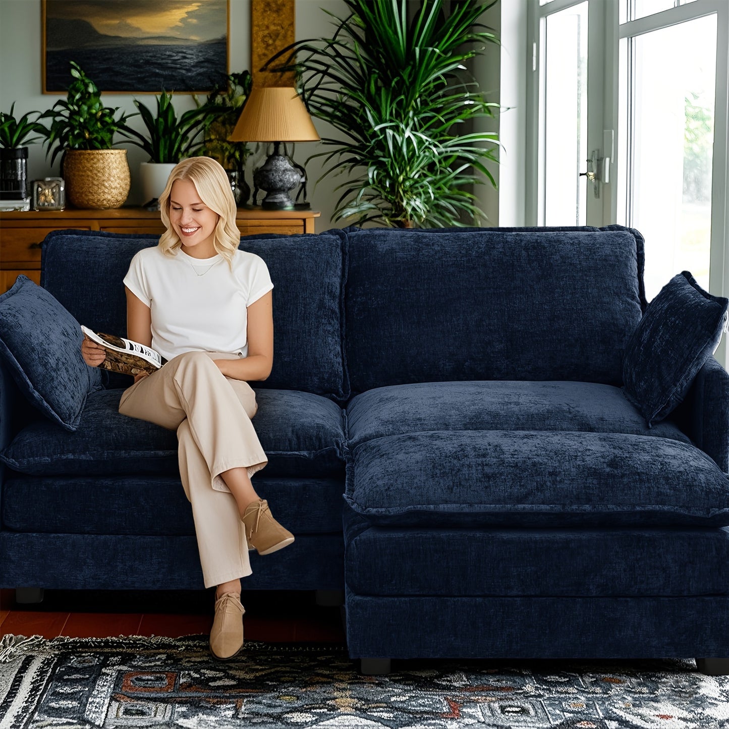 Royal Blue Chenille Sectional Sofa - 2-Seater Deep Seat Couch with Ottoman, Contemporary Hardwood Frame, Plush Upholstery for Living Room or Home Office, Couch for Living Room