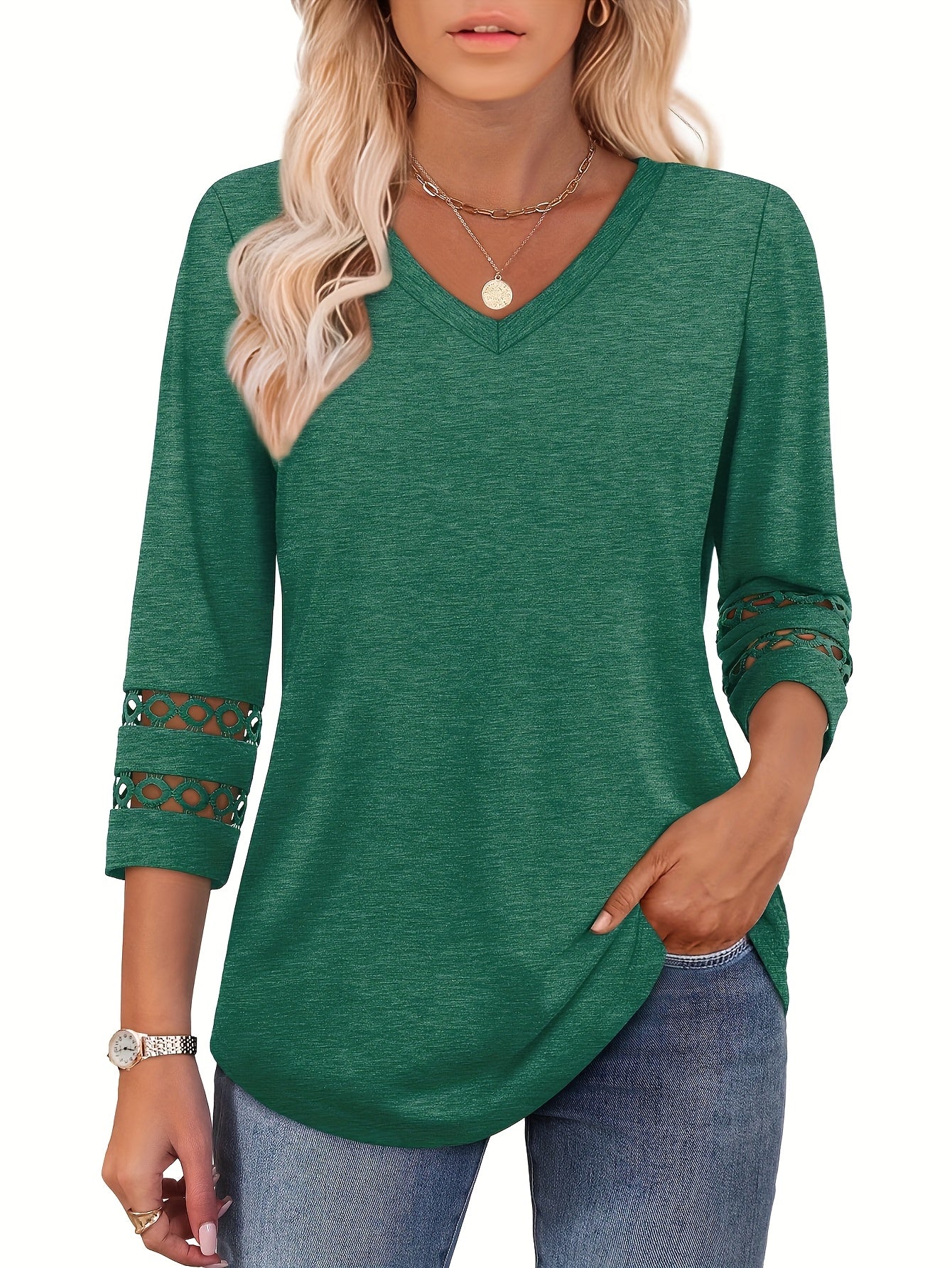 Four-Piece Set Women's 3/4 Sleeve Fashion Casual V-Neck T-Shirt Top