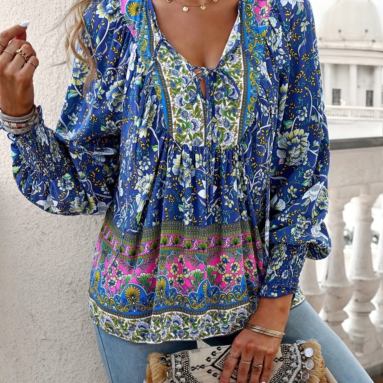 Bohemian Resort Style Printed V-neck Tied Long Sleeve Top Shirt Fashion Commuting.