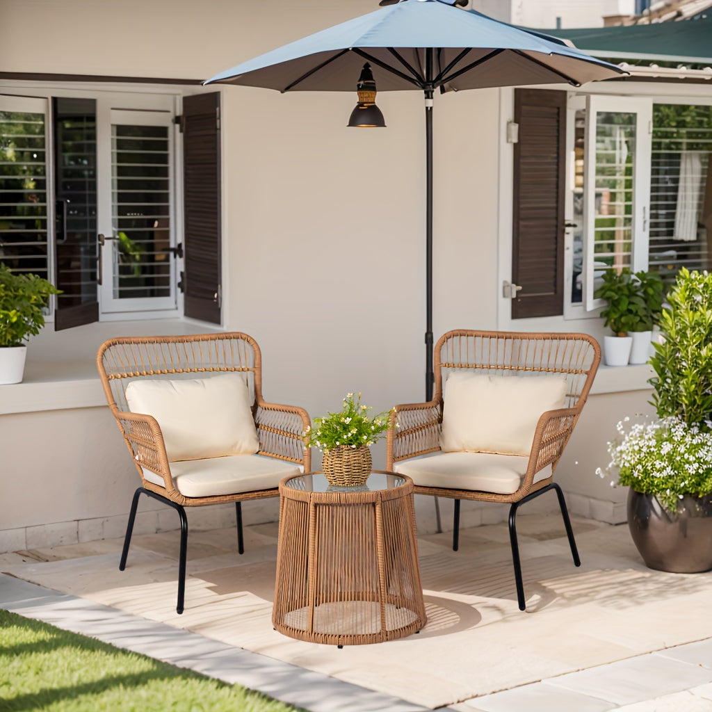 3pcs Outdoor Wicker Bistro Furniture Set, Comfortable Outside Rattan Patio Chairs And Balcony Table for Front Porch Deck Backyard And Garden