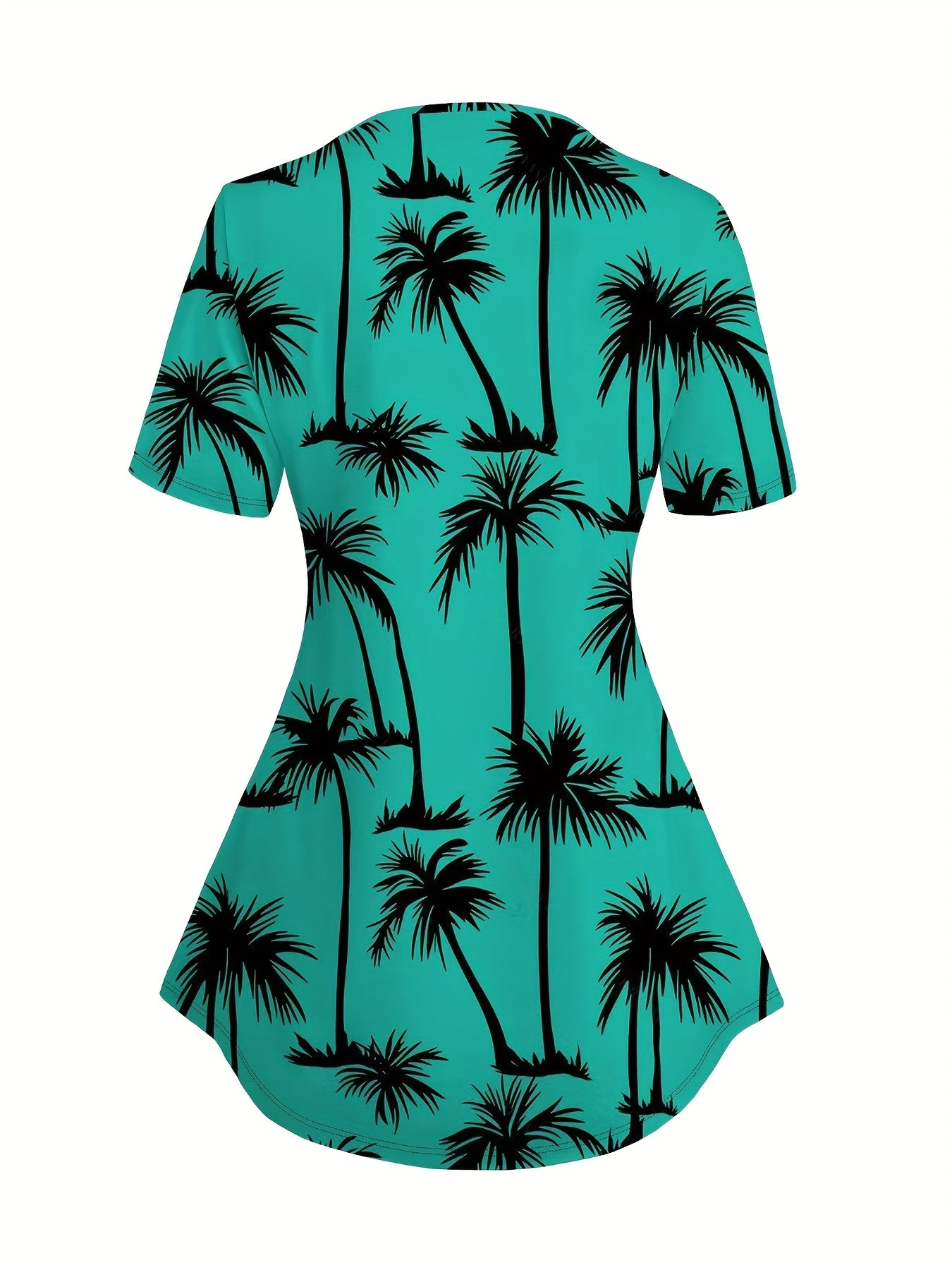 Women'S Tropical Palm Tree Print Short Sleeve V-Neck T-Shirt & Capri Leggings Set - Lightweight Stretchy Polyester, Casual Summer Outfit for Vacation or Casual Attire, Vacation Clothing | Playful Print | Glossy Fabric, Ladies
