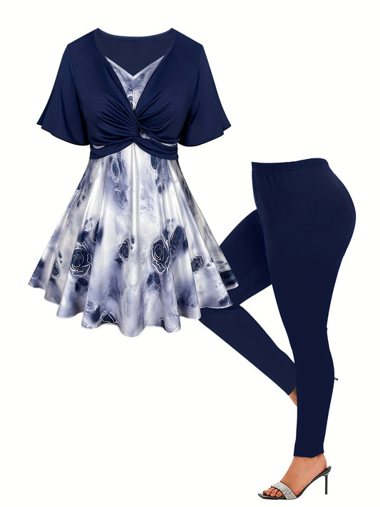Elegant Floral Print V-Neck Top And Leggings Set - Soft Polyester And Elastane Blend, Machine Washable, All-Season, Comfortable And Versatile For Daily Wear