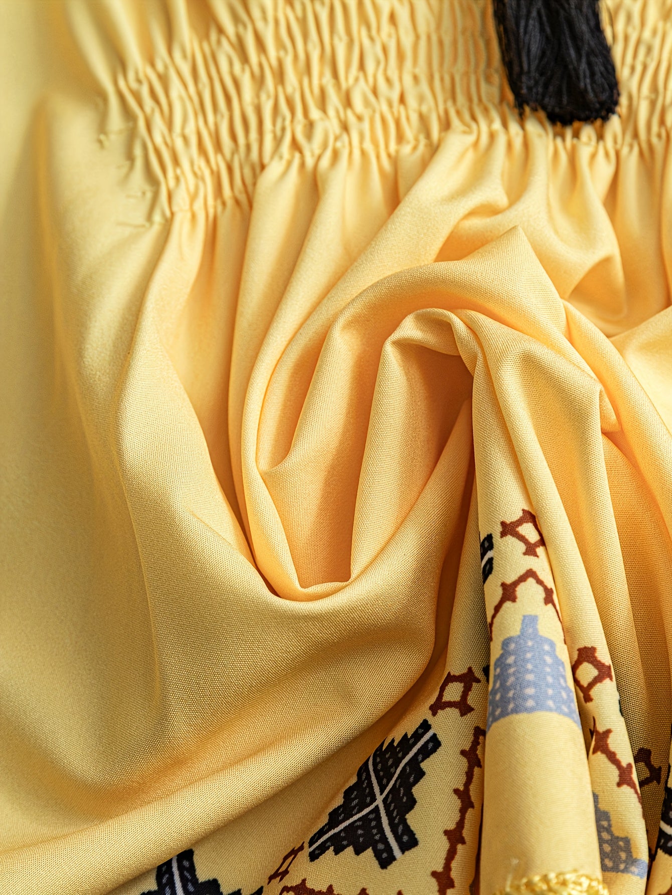 [Bohemian Blouse] Elegant Bohemian Women's V-Neck Blouse with Geometric Lace Trim | Golden Yellow & Black Contrast, Short Sleeves, Flowy Design for Spring/Summer/Fall