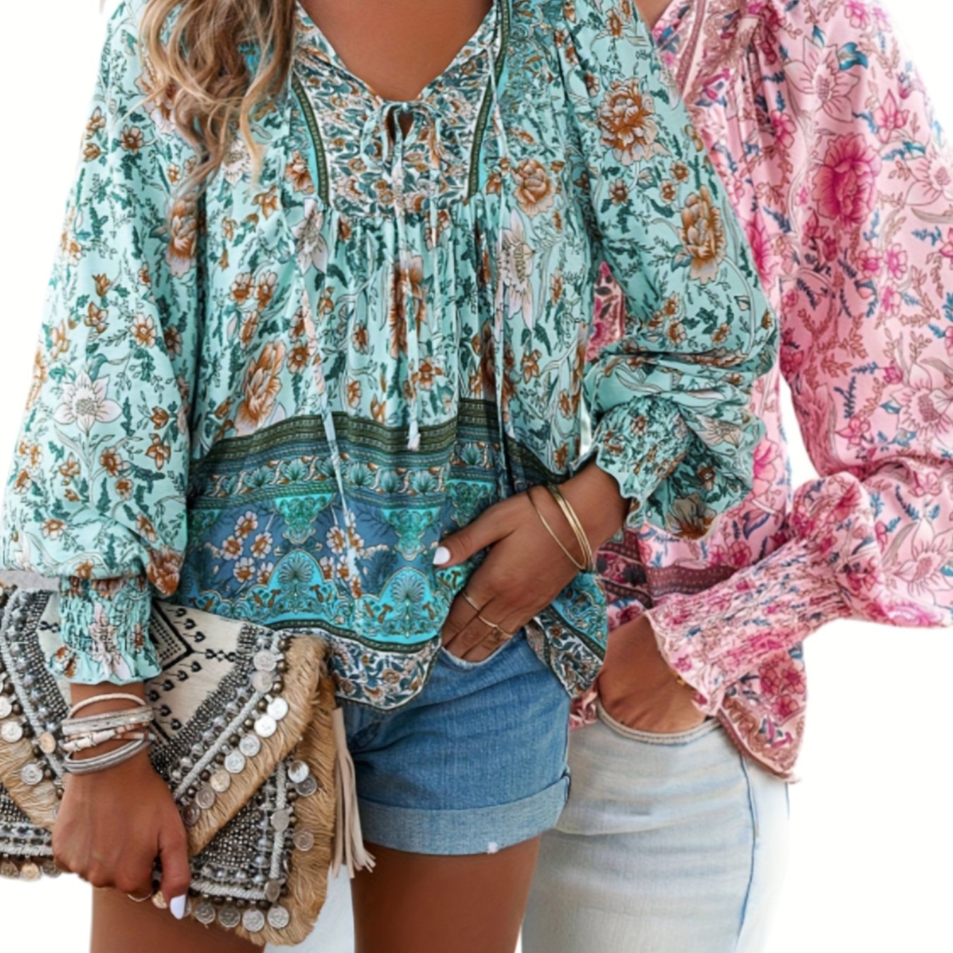 Plus Size - ZAFUL Summer Loose Plus Size Women'S Apparel, Stylish Resort Bohemian Floral Print Top Set, Lightweight Fashion V-Neck Printed Lantern Sleeve Tassel Plus Size Shirt*2