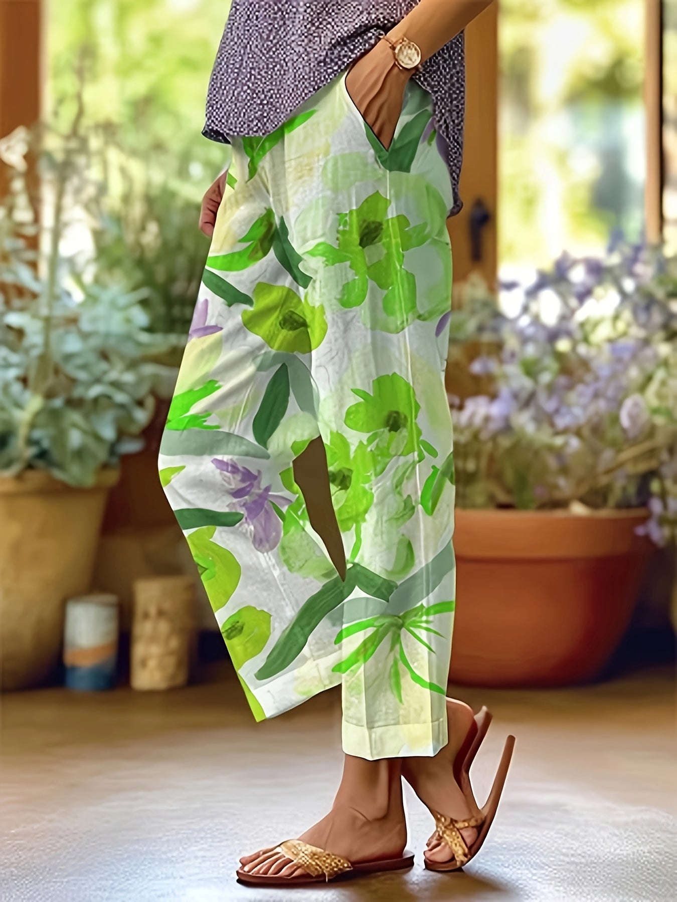Women's Elegant Floral Print Straight-Leg Casual Pants with Pockets - Machine Washable Non-Stretch Fabric, All-Season Versatile Trousers for Casual Attire & Leisure Activities, Relaxed Activity Trousers, No Stretch Fabric