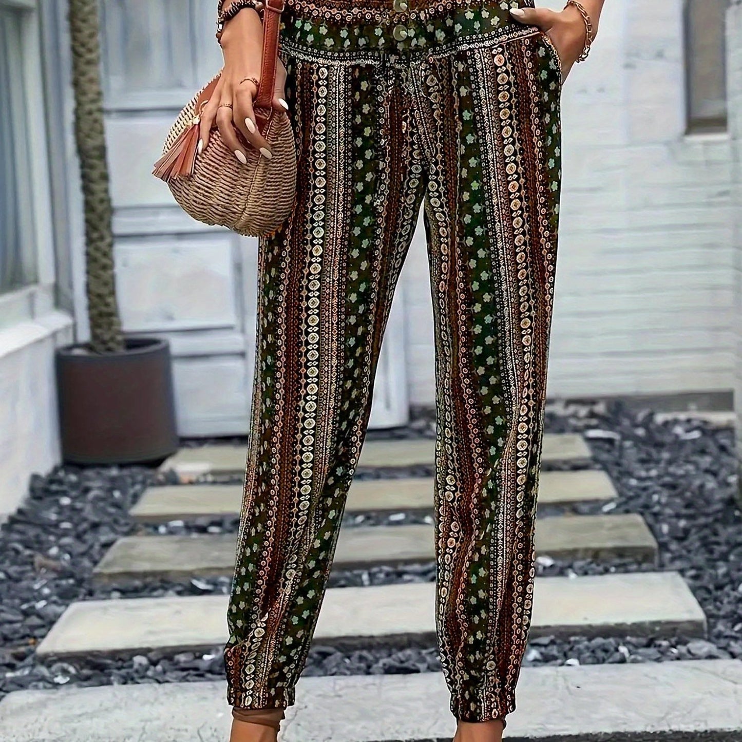 Women's Loose Fit Linen-Textured Polyester Harem Pants - Casual Summer Tapered Ankle Trousers with Pockets, Elastic Waist & Button Closure, Random Print for Outdoor