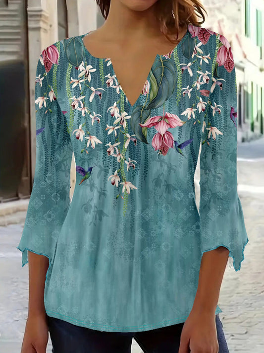 [Vibrant Floral Blouse] Soft Polyester Women's Floral Print V-Neck Blouse | Light Blue Long Sleeve Casual Top with Vibrant Bird & Flower Design for Spring/Summer/Fall