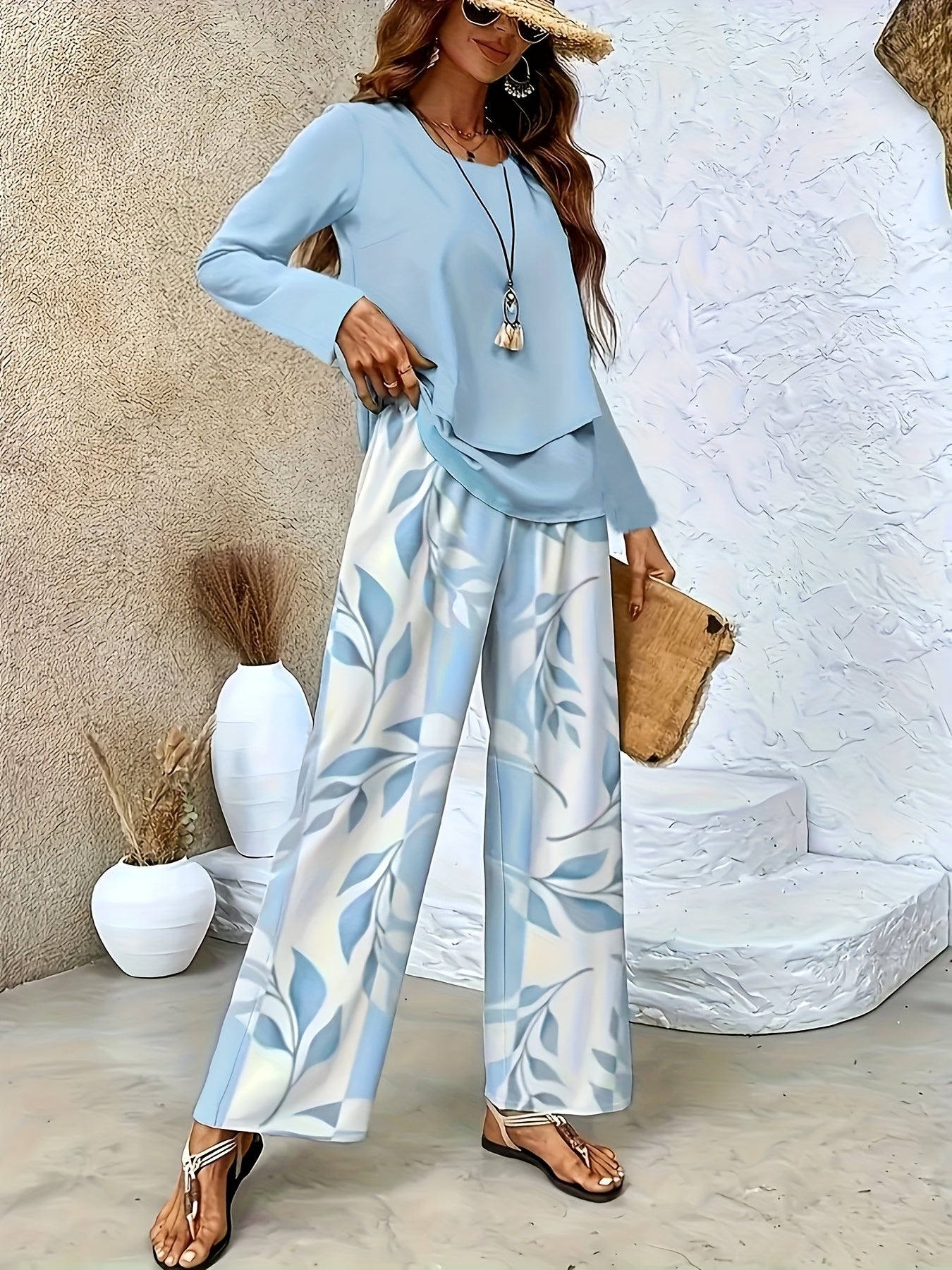 Plus Size, Women's Casual Twill Vegetal Stripe Print Round Neck Double Long Sleeve Straight Pant Set