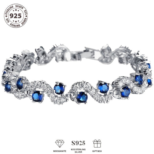 925 Silver Tennis Bracelet For Women Girls, Blue Round Moissanite Ladies Style Chic Exquisite Bracelet, Jewelry For Women, Bracelets For Women, Easter, Mother'S Day, Weddings, Banquets, Anniversaries