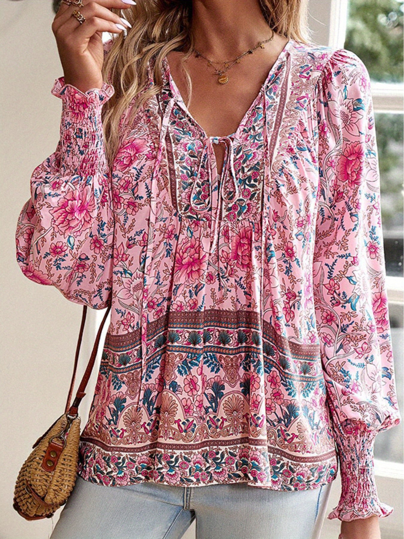 Women's Bohemian Blouse - Floral print long Sleeve top with Lace-Up Front, Adjustable Drawstring Waist, Semi-Sheer V-Neck Shirt in Pink/Blue/Purple/Red/White/, Machine Washable Boho Chic Outfit for Vacation, Festival, Everyda
