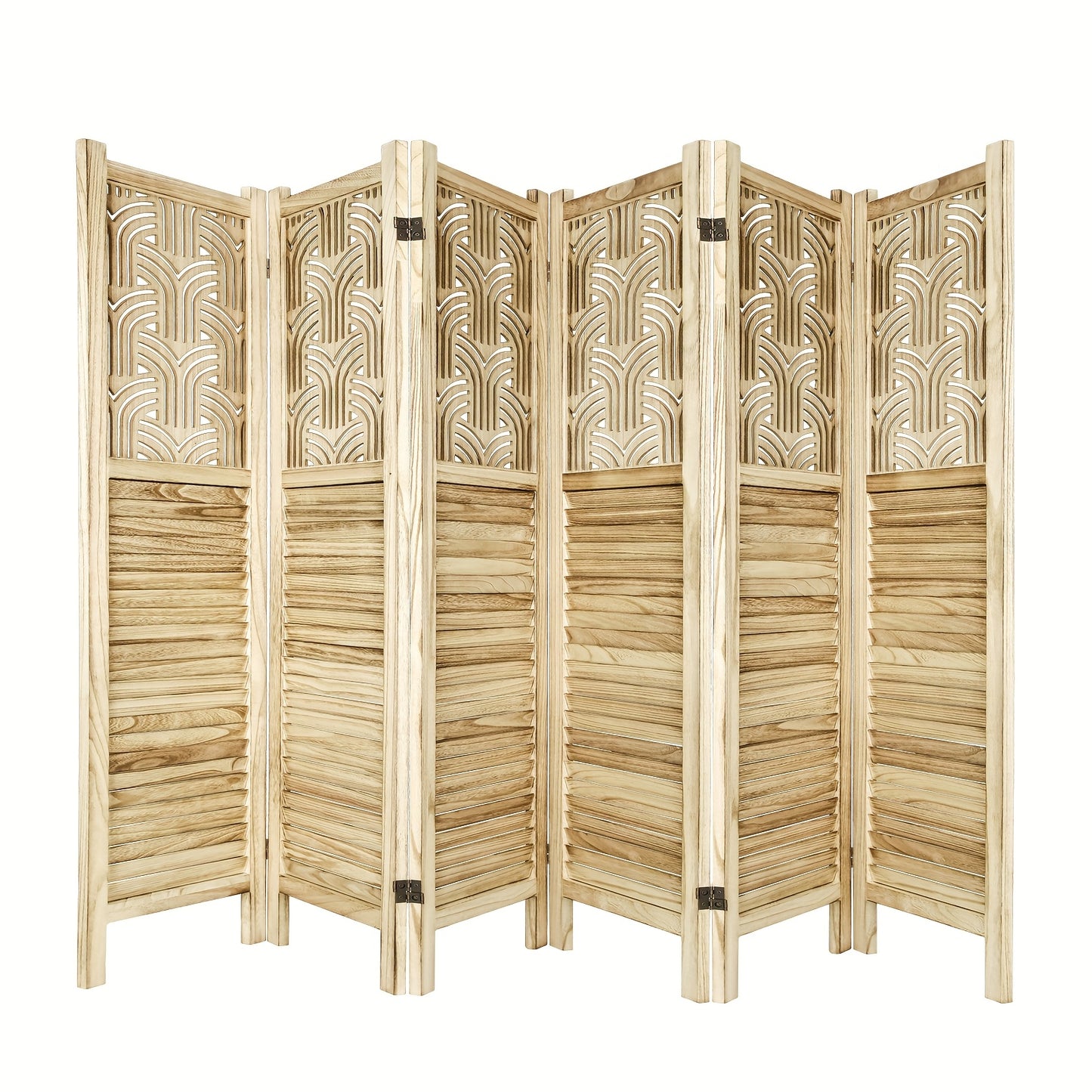 6-Panel Solid Hardwood Folding Room Divider Privacy Screen - 5.6ft Tall Freestanding Louvered Design with Natural Wood Finish, Rustic Farmhouse Style for Home Office Bedroom Restaurant