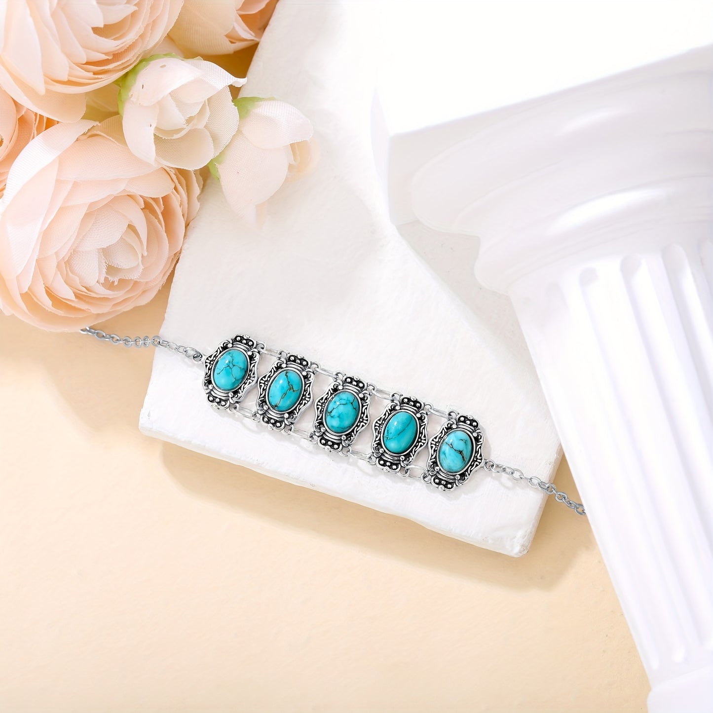 [Turquoise Link Bracelet] 925 Sterling Silver Turquoise Link Bracelet | Adjustable Bracelets for Women