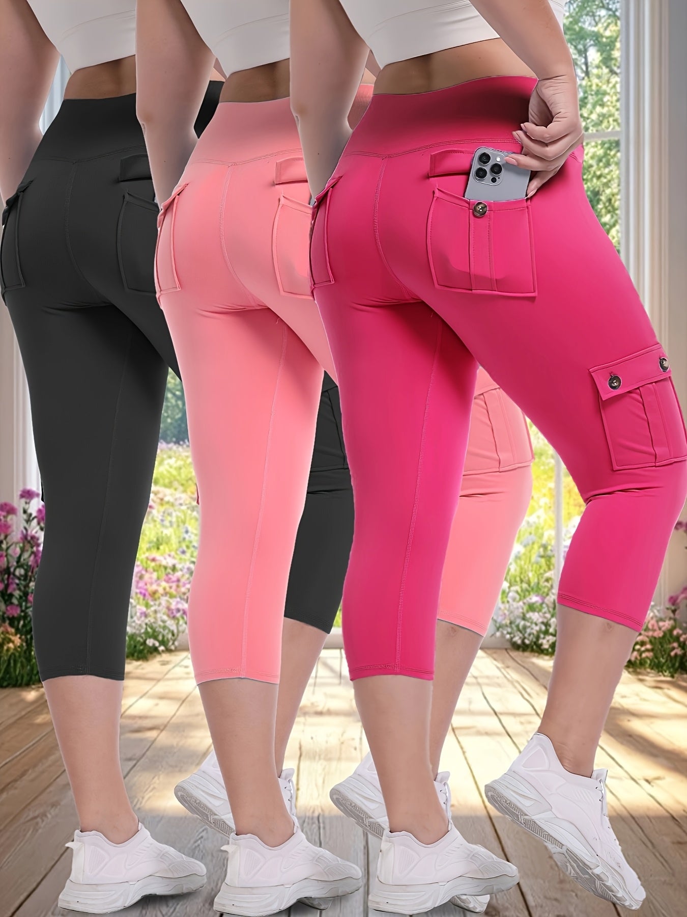 3pcs Women'S High-Waisted Yoga 7/10 Pants with Pockets - Stretch Running And Sports Leggings, Button Design, Solid Color, Comfortable Polyester Blend Fabric.