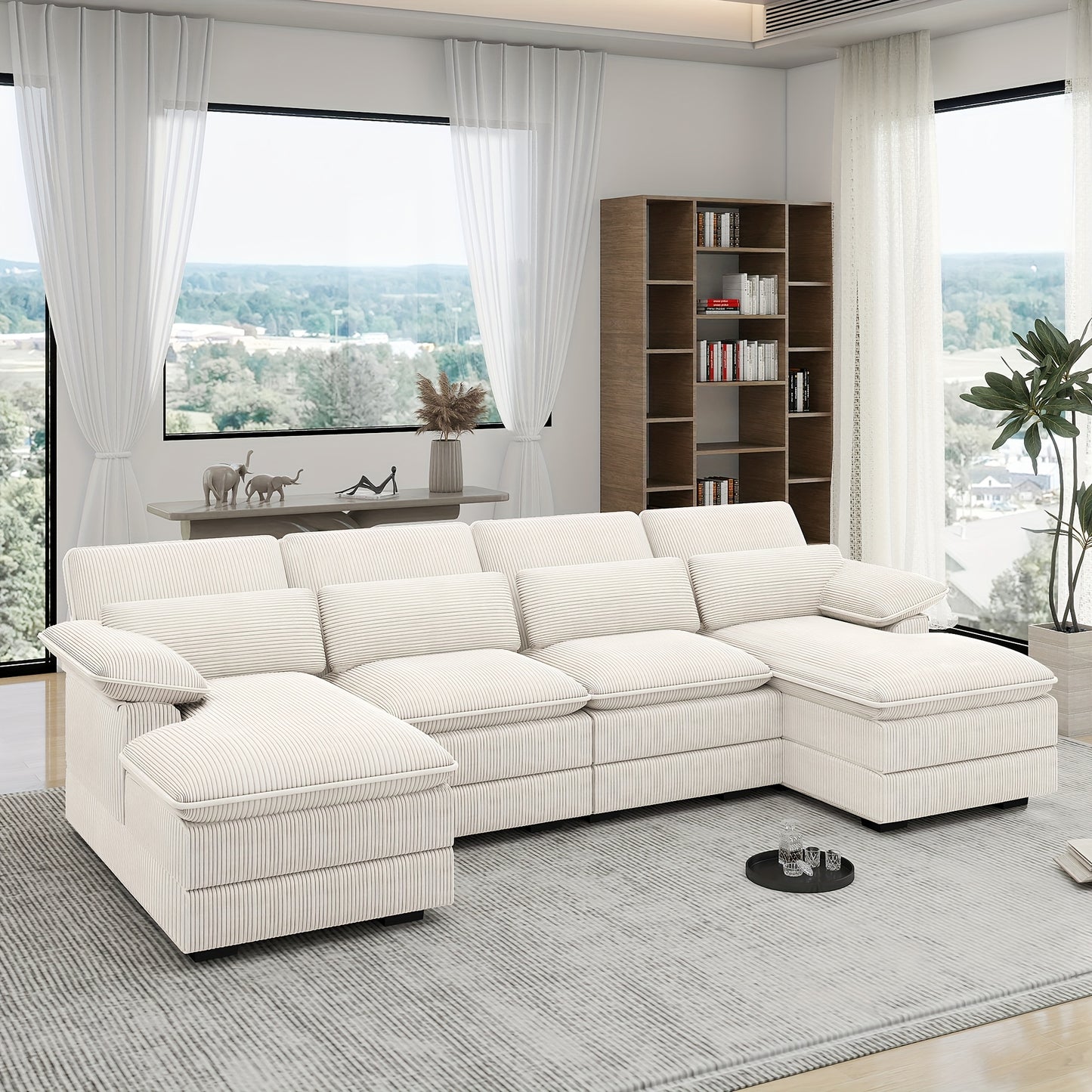 [Comfort Cloud Sofa] Comfort 4 Seater U-Shape Combo Sofa, 111.8'' Modern Deep Seat Cloud Sofa with Lumbar Cushion | Corduroy Living Room Sofa for Apartments, Apartment Homes
