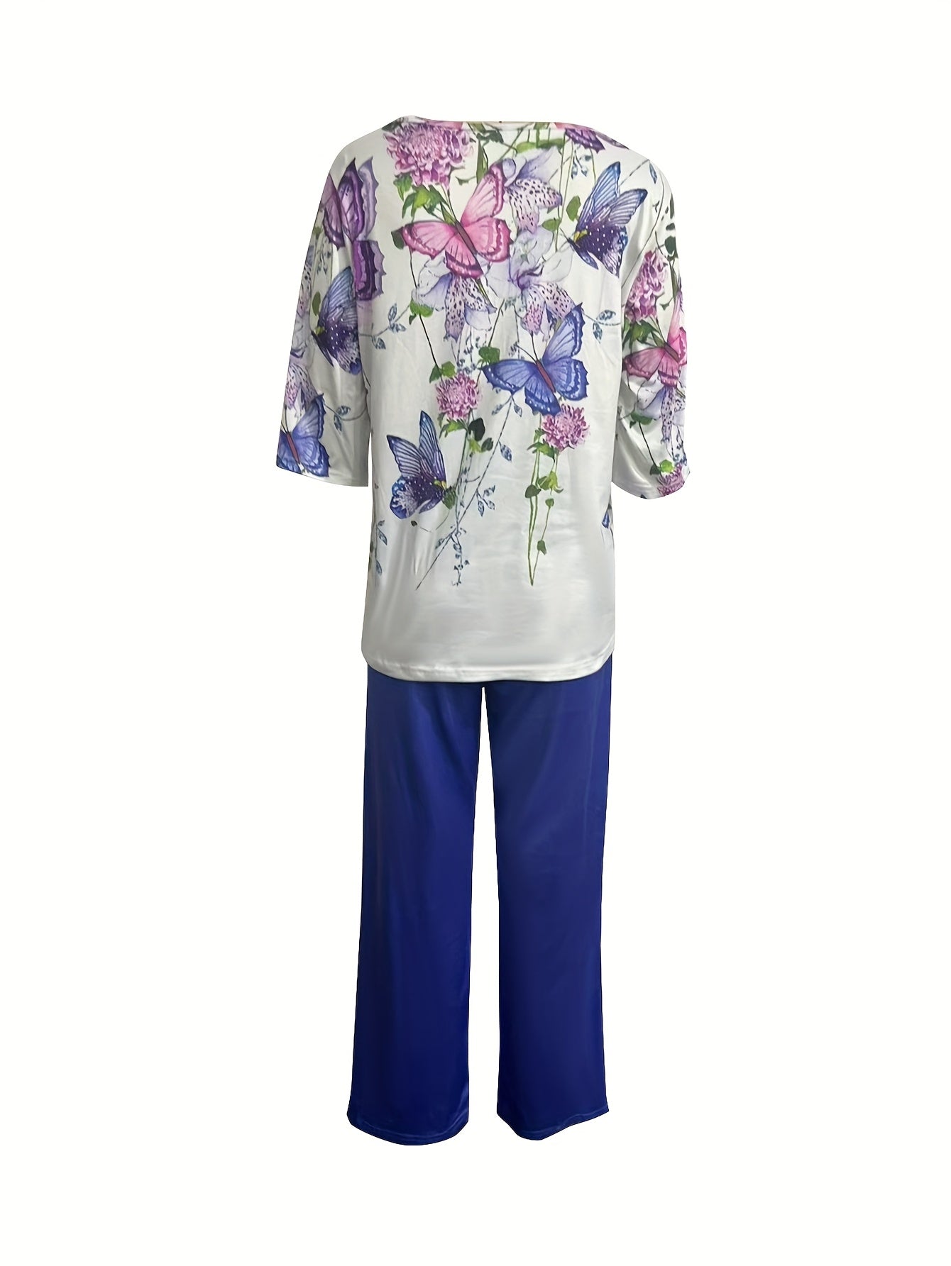 New Women's Floral Print Casual Round Neck Half Sleeve Top with Solid Color Loose Straight Pants Two-Piece Set